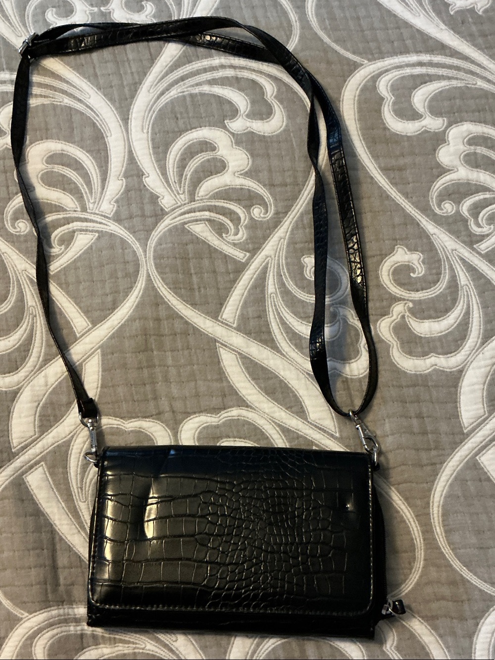 Black Crocodile-Embossed Multi-Compartment Crossbody Wristlet